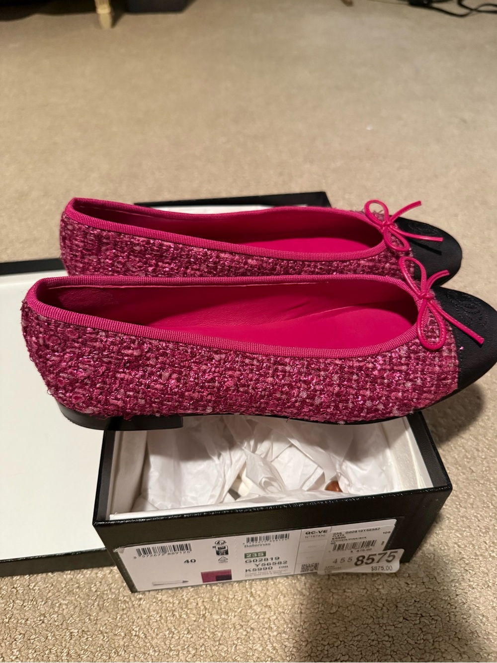 CHANEL Pink Tweed Ballet Flats with Black Cap Toe